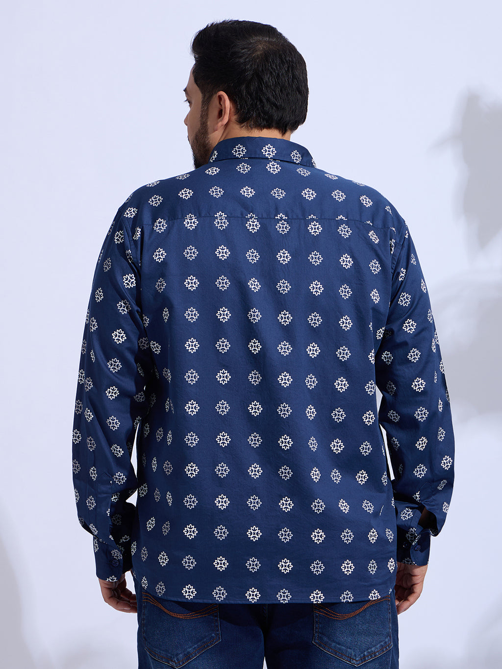 Plus Size Cotton Printed 1 Pocket Regular Fit Smart Casual Shirt - Navy