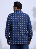 Plus Size Cotton Printed 1 Pocket Regular Fit Smart Casual Shirt - Navy