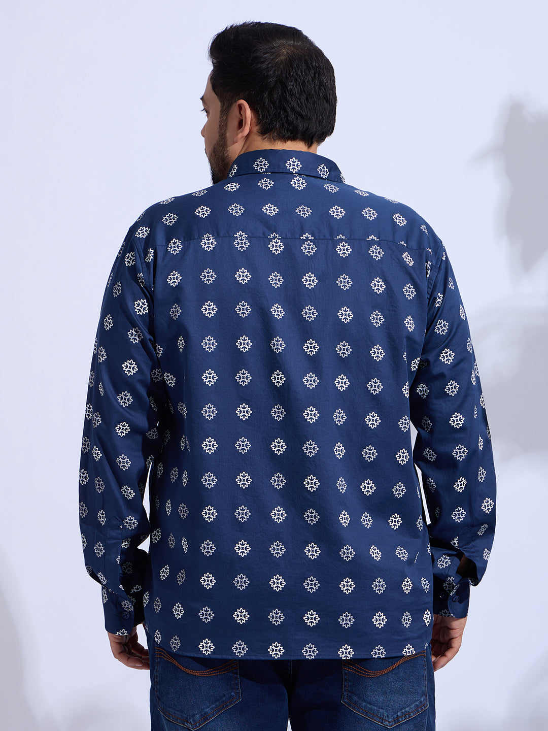 Plus Size Cotton Printed 1 Pocket Regular Fit Smart Casual Shirt - Navy