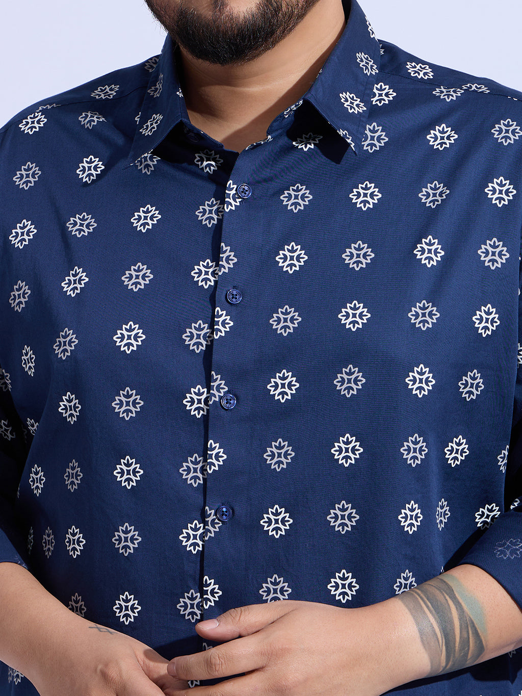 Plus Size Cotton Printed 1 Pocket Regular Fit Smart Casual Shirt - Navy