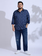 Plus Size Cotton Printed 1 Pocket Regular Fit Smart Casual Shirt - Navy