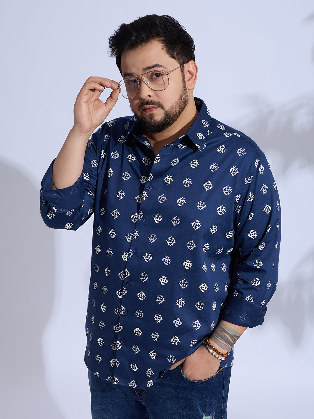 Plus Size Cotton Printed 1 Pocket Regular Fit Smart Casual Shirt - Navy