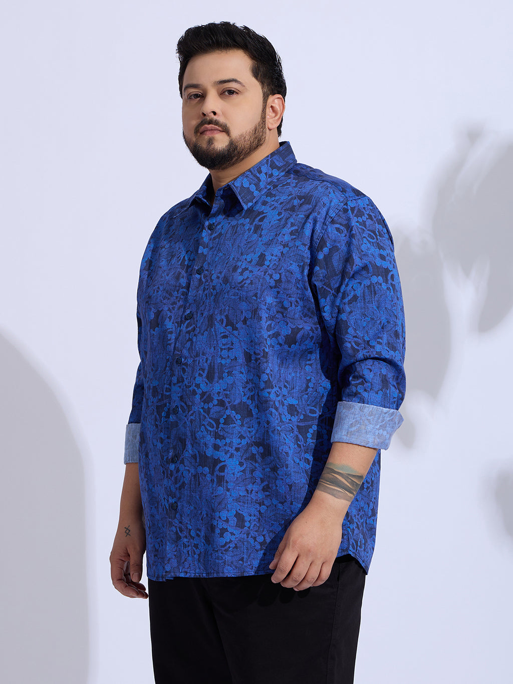 Plus Size Cotton Printed Regular Fit Smart Casual Shirt Style-1275-Navy