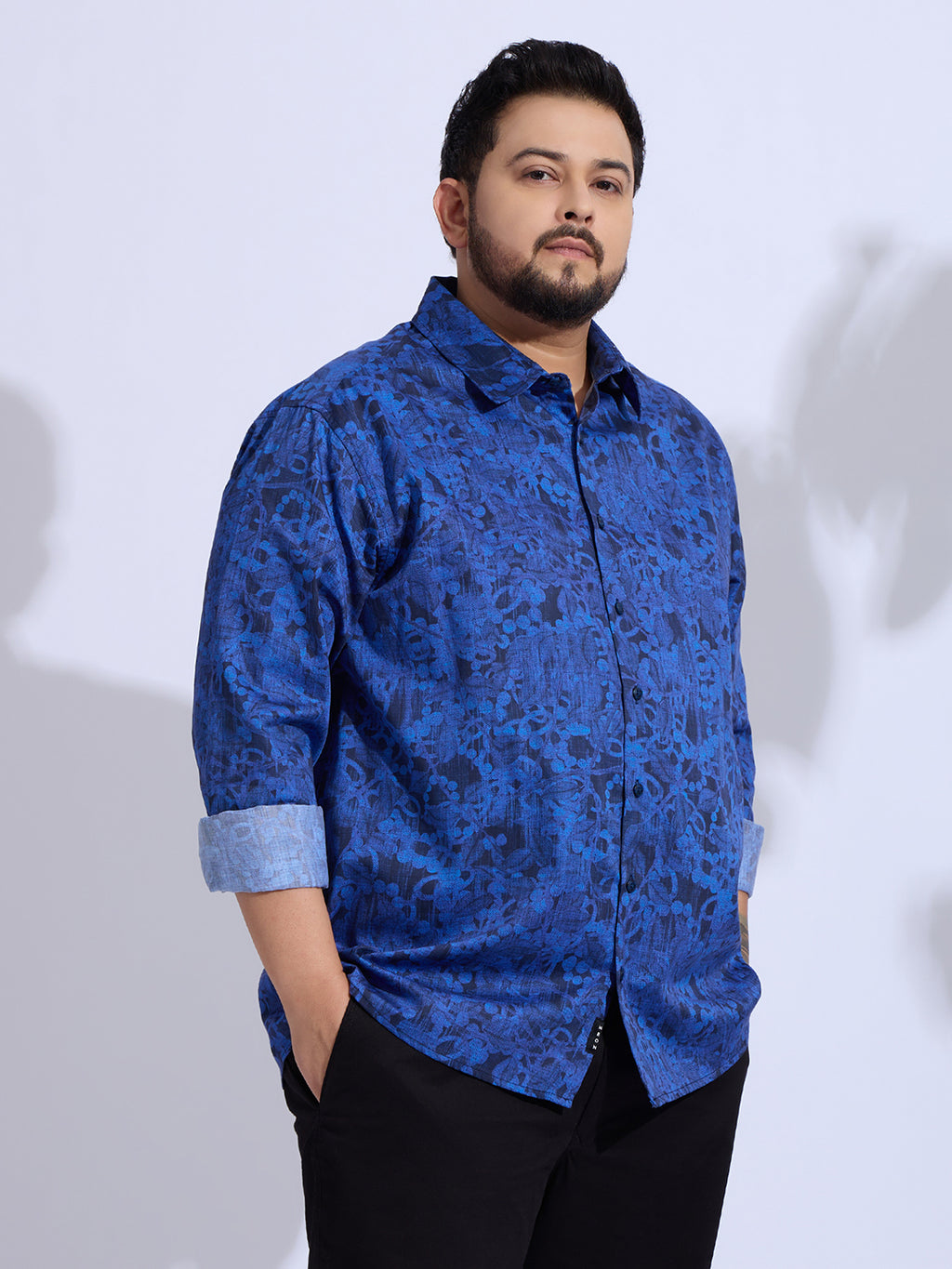 Plus Size Cotton Printed Regular Fit Smart Casual Shirt Style-1275-Navy