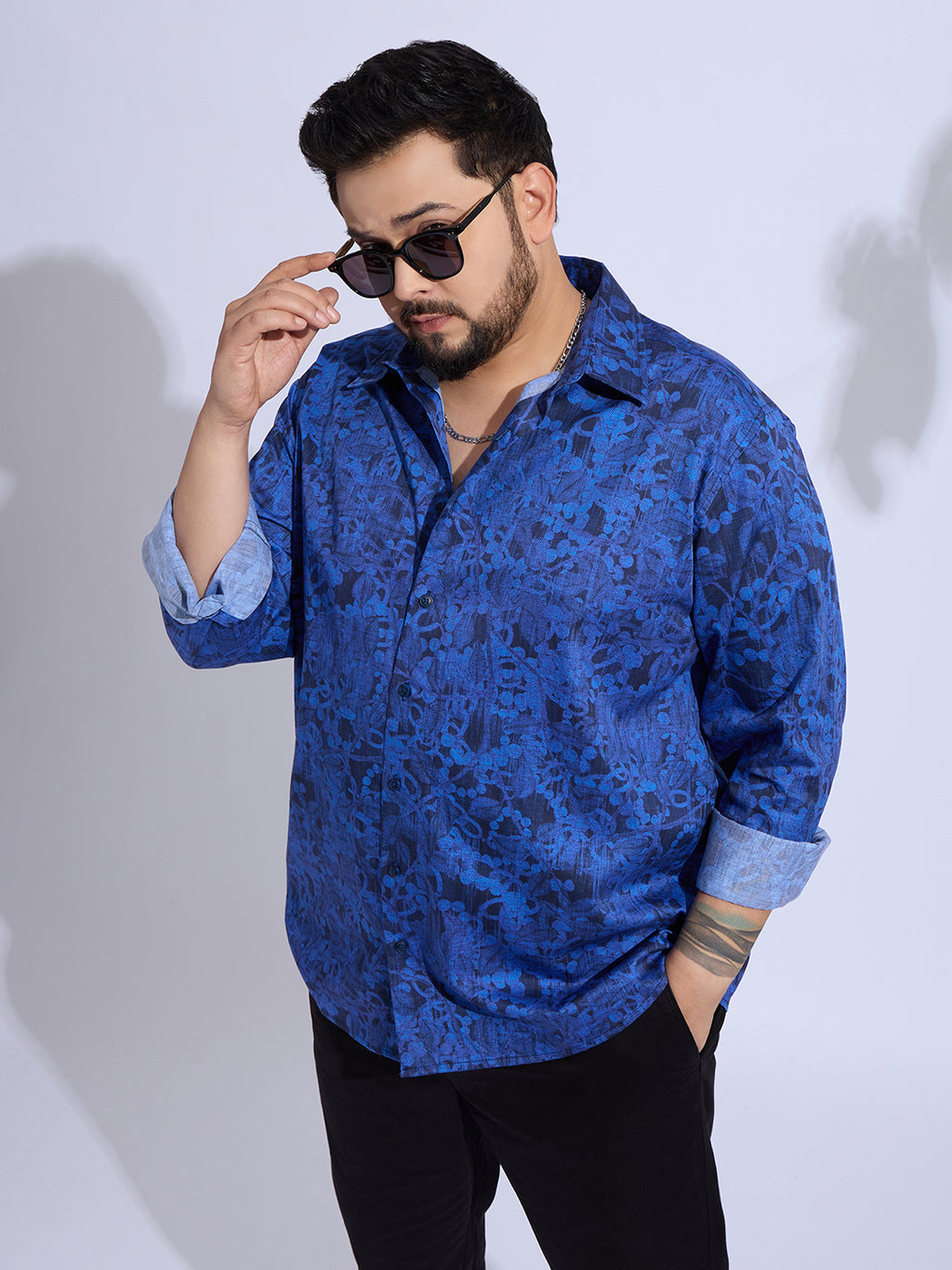 Plus Size Cotton Printed Regular Fit Smart Casual Shirt Style-1275-Navy