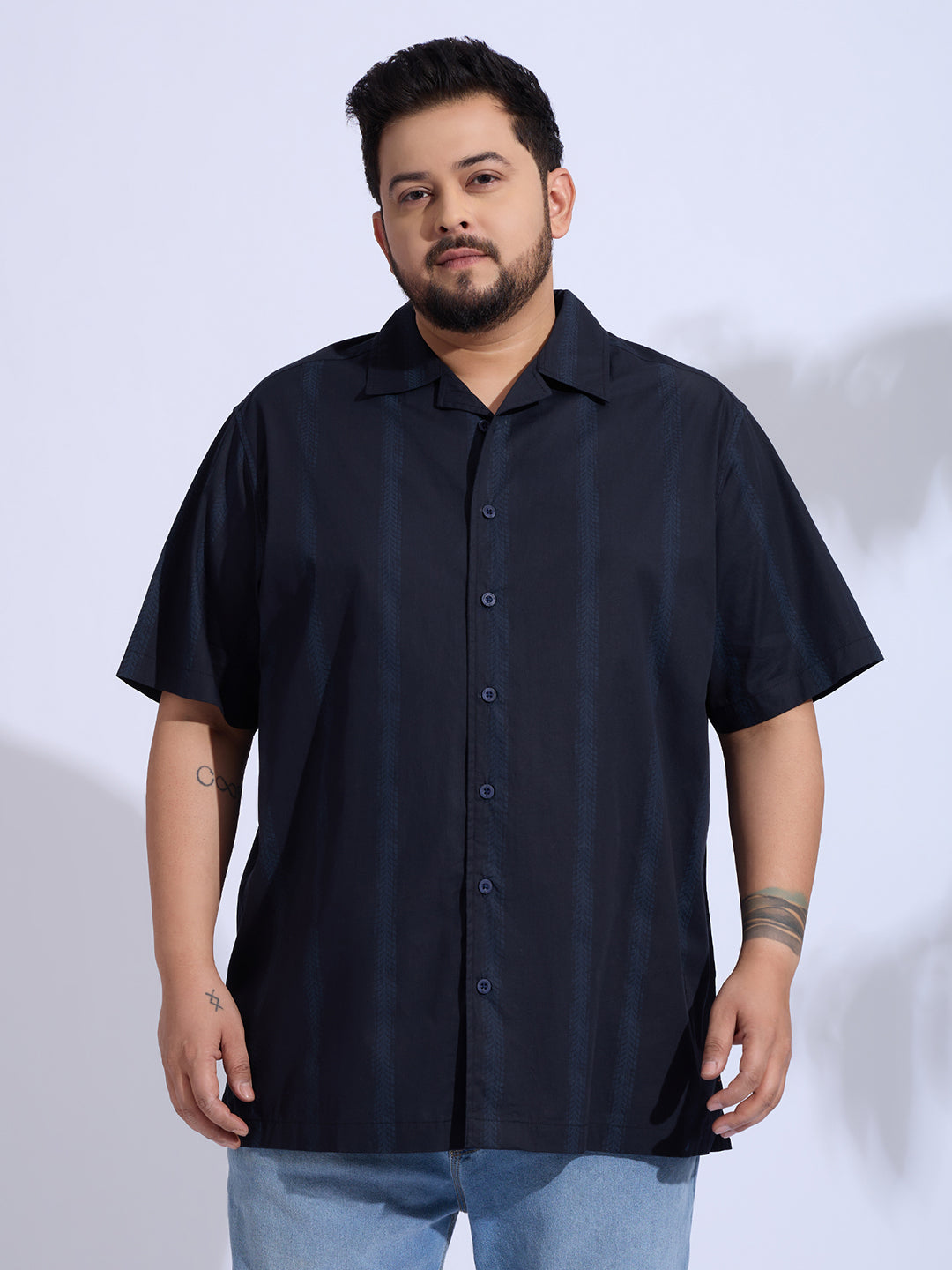 Plus Size Cotton Printed Regular Fit Smart Casual Shirt - Navy
