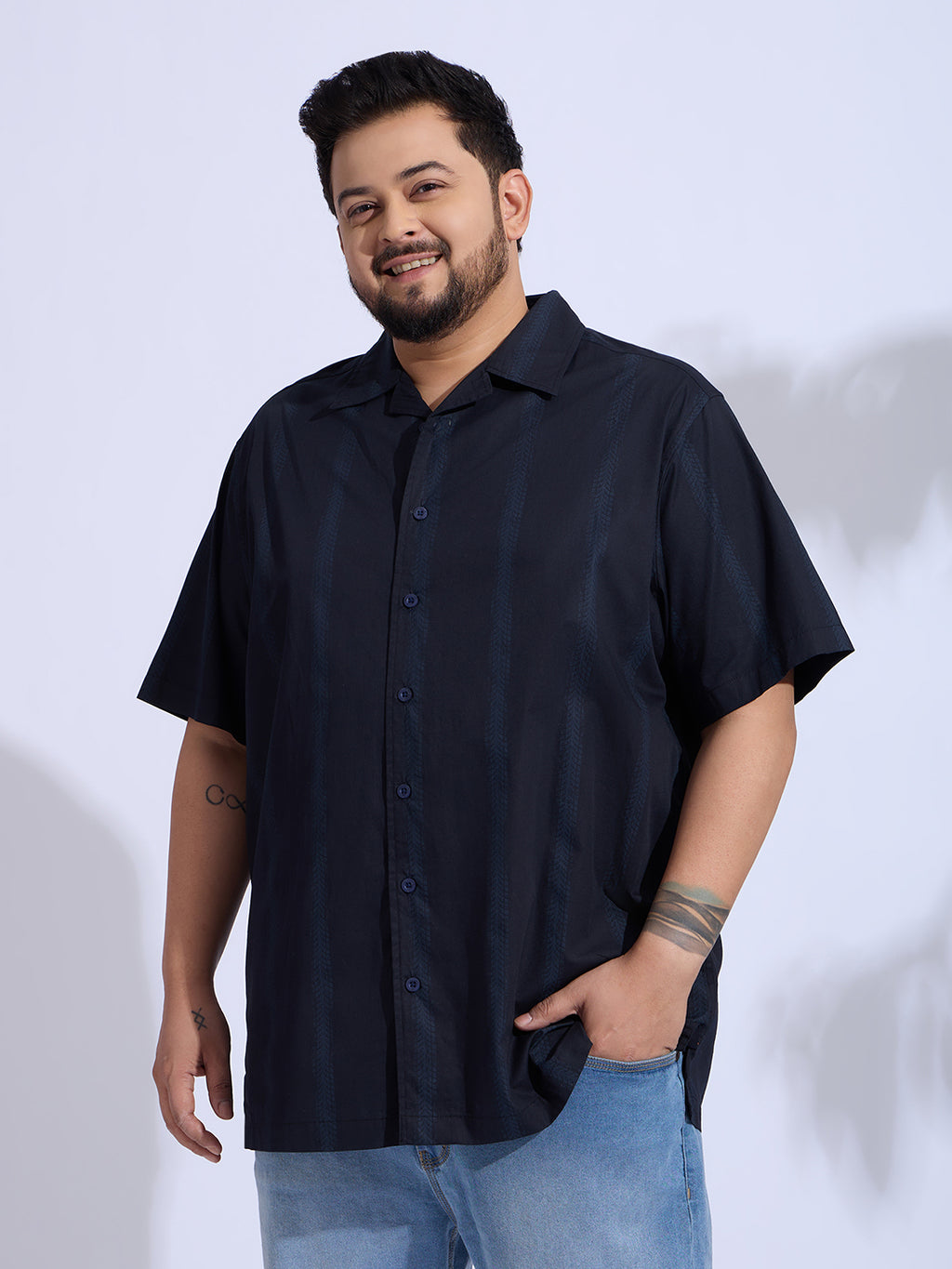Plus Size Cotton Printed Regular Fit Smart Casual Shirt - Navy