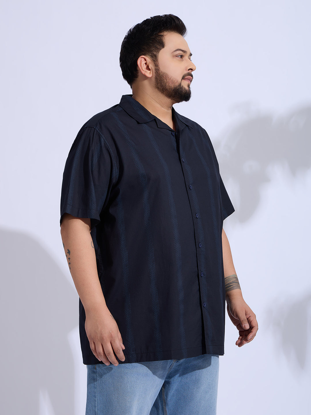 Plus Size Cotton Printed Regular Fit Smart Casual Shirt - Navy