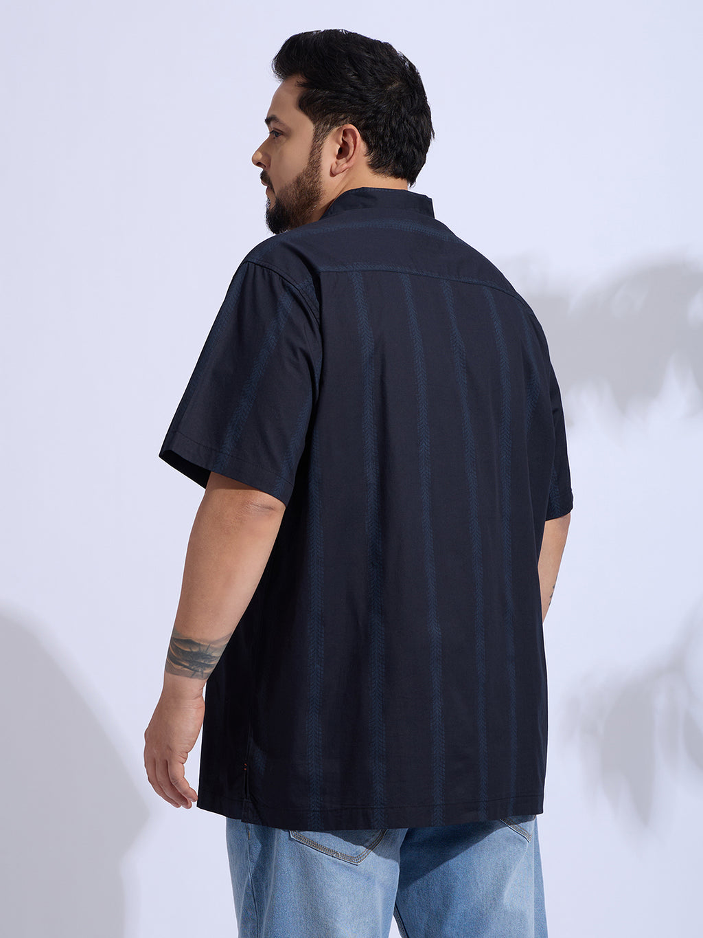Plus Size Cotton Printed Regular Fit Smart Casual Shirt - Navy