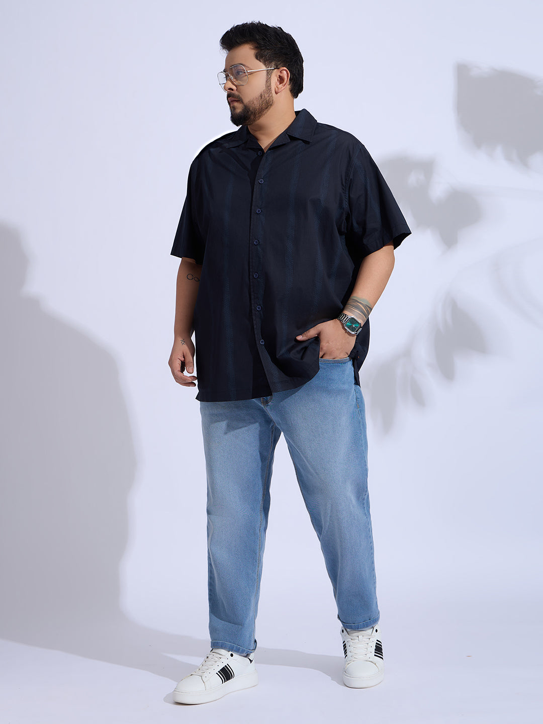 Plus Size Cotton Printed Regular Fit Smart Casual Shirt - Navy
