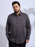 Plus Size Cotton Printed 1 Pocket Regular Fit Smart Casual Shirt - Grey