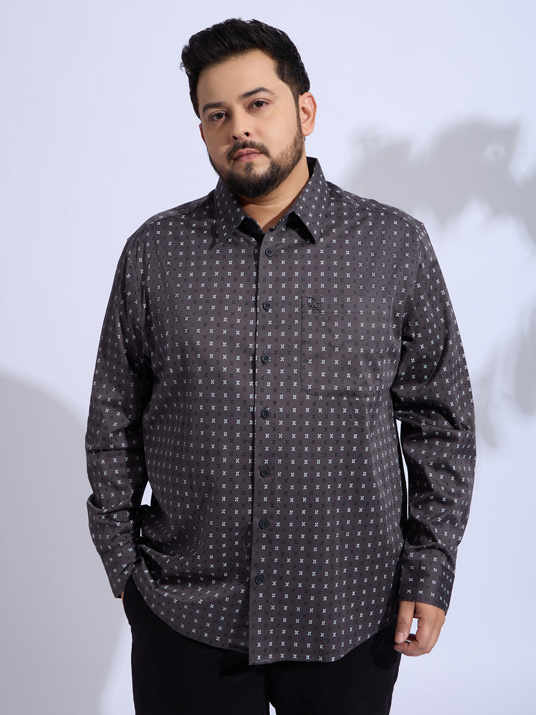 Plus Size Cotton Printed 1 Pocket Regular Fit Smart Casual Shirt - Grey