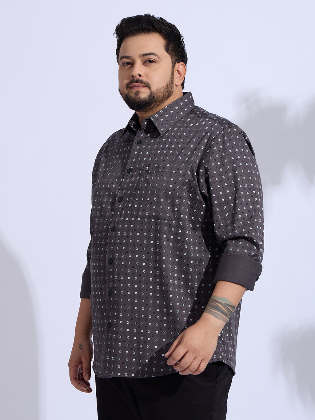 Plus Size Cotton Printed 1 Pocket Regular Fit Smart Casual Shirt - Grey