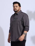 Plus Size Cotton Printed 1 Pocket Regular Fit Smart Casual Shirt - Grey