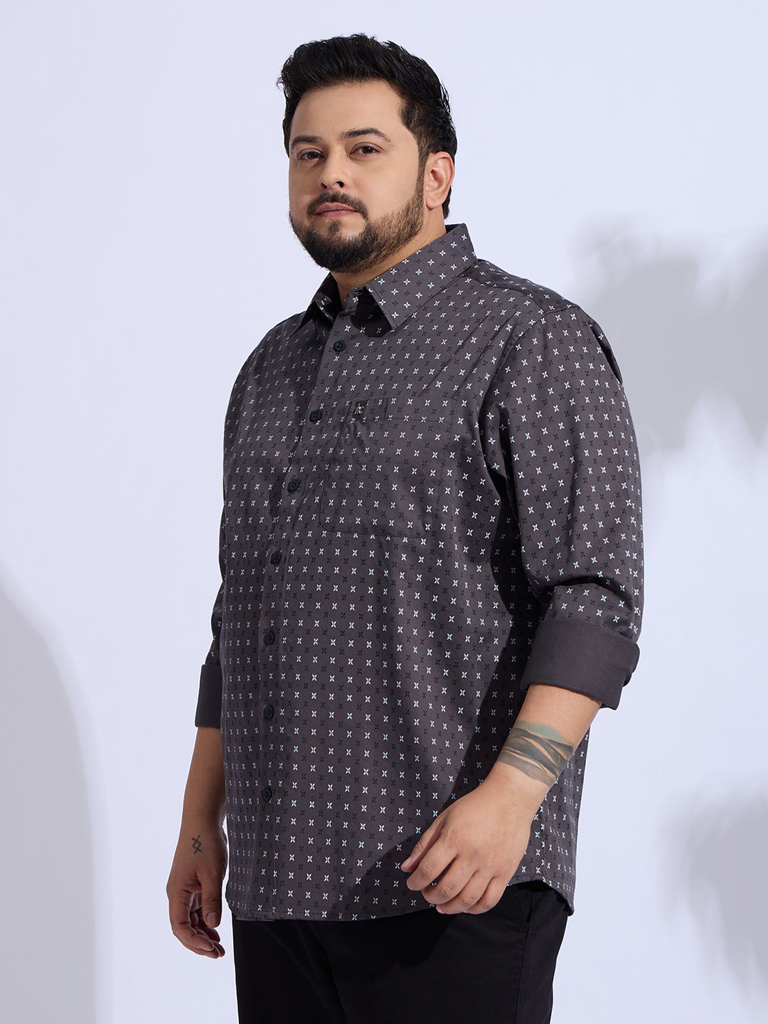 Plus Size Cotton Printed 1 Pocket Regular Fit Smart Casual Shirt - Grey