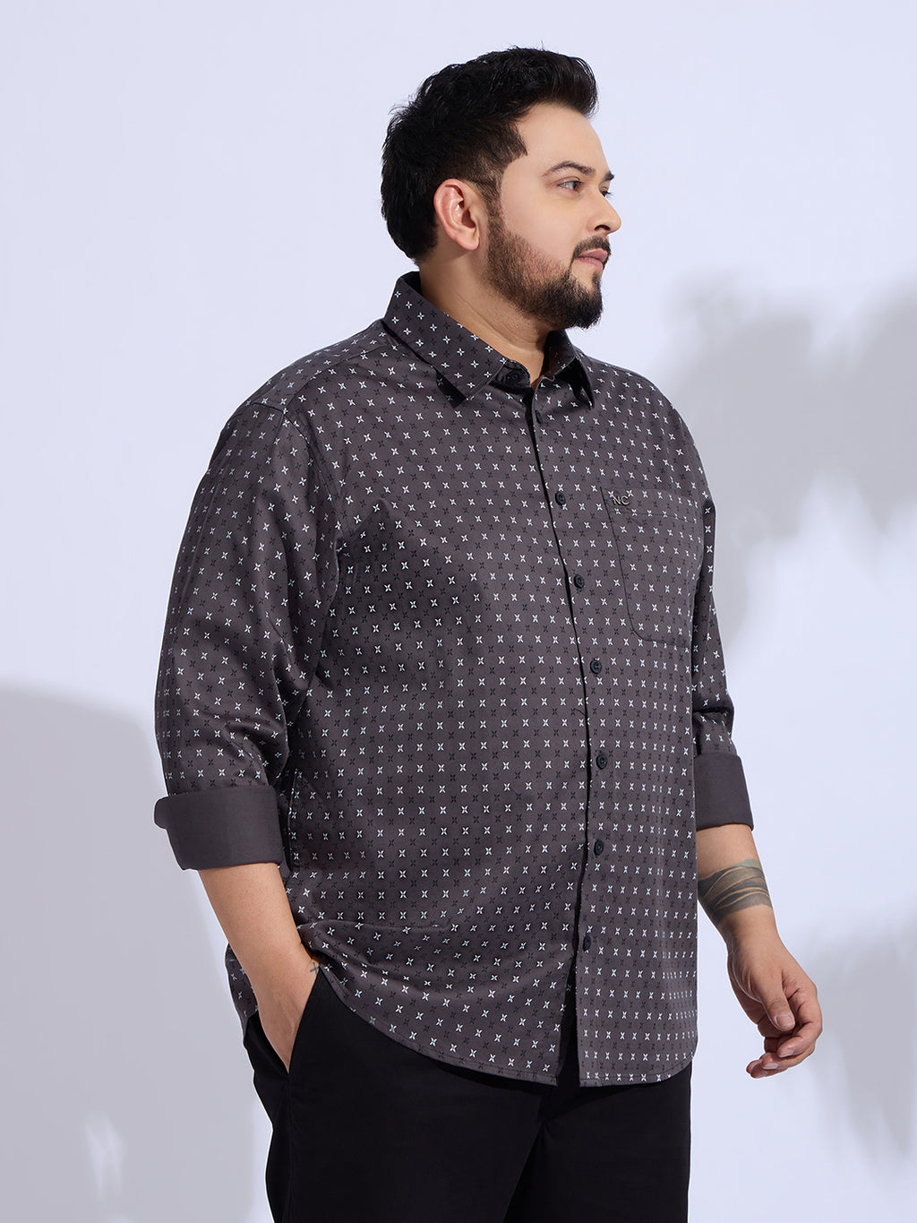 Plus Size Cotton Printed 1 Pocket Regular Fit Smart Casual Shirt - Grey