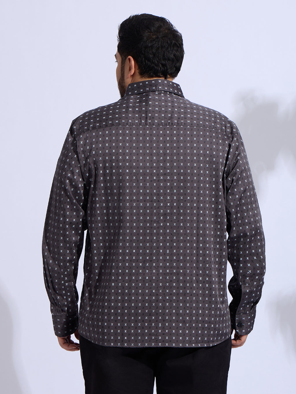 Plus Size Cotton Printed 1 Pocket Regular Fit Smart Casual Shirt - Grey