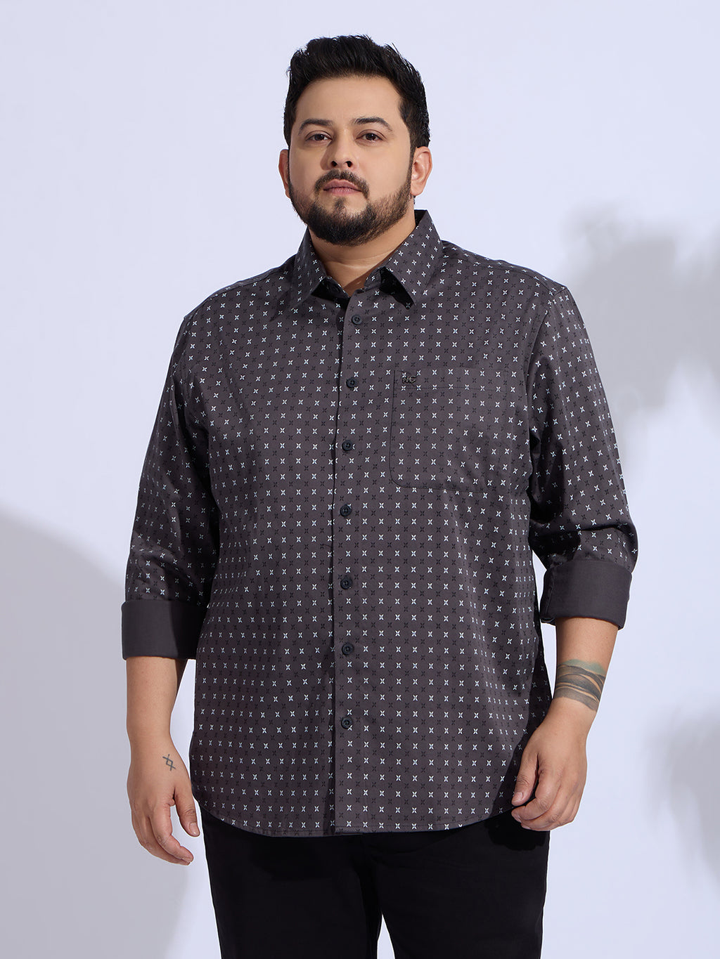 Plus Size Cotton Printed 1 Pocket Regular Fit Smart Casual Shirt - Grey