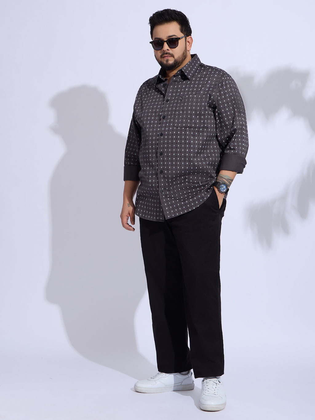Plus Size Cotton Printed 1 Pocket Regular Fit Smart Casual Shirt - Grey