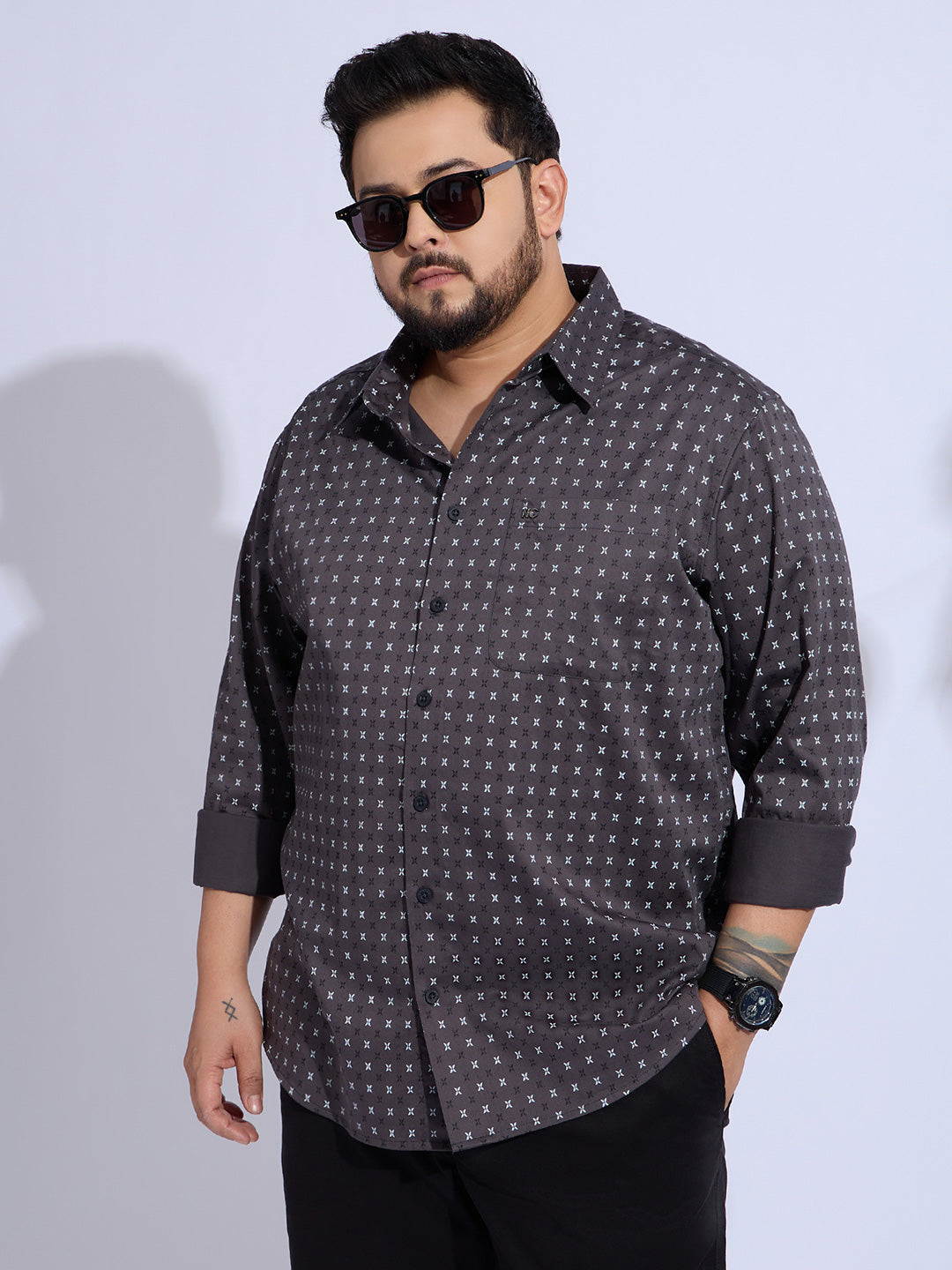Plus Size Cotton Printed 1 Pocket Regular Fit Smart Casual Shirt - Grey
