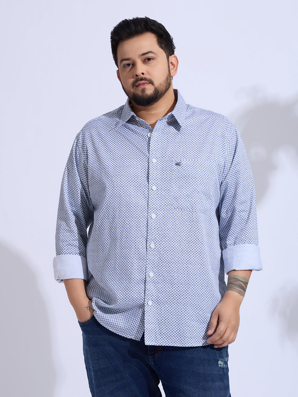 Plus Size Cotton Printed 1 Pocket Regular Fit Smart Casual Shirt - White