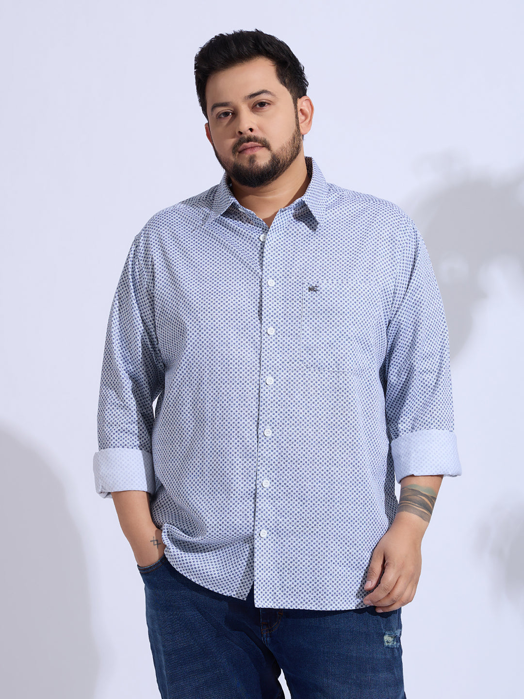 Plus Size Cotton Printed 1 Pocket Regular Fit Smart Casual Shirt - White