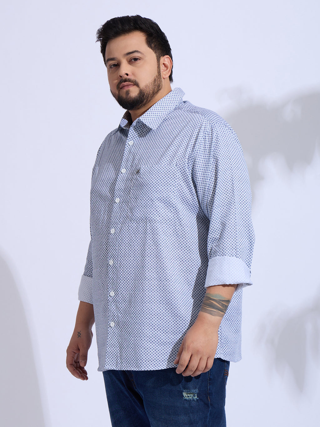 Plus Size Cotton Printed 1 Pocket Regular Fit Smart Casual Shirt - White