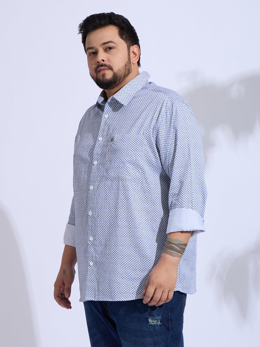 Plus Size Cotton Printed 1 Pocket Regular Fit Smart Casual Shirt - White