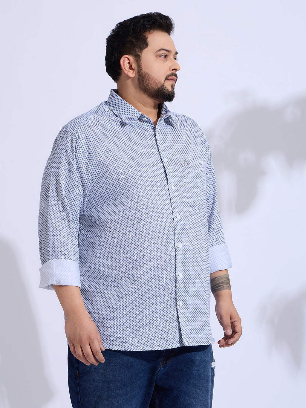 Plus Size Cotton Printed 1 Pocket Regular Fit Smart Casual Shirt - White