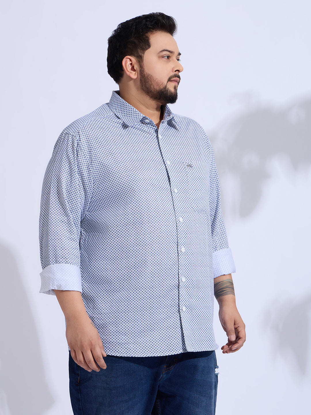 Plus Size Cotton Printed 1 Pocket Regular Fit Smart Casual Shirt - White