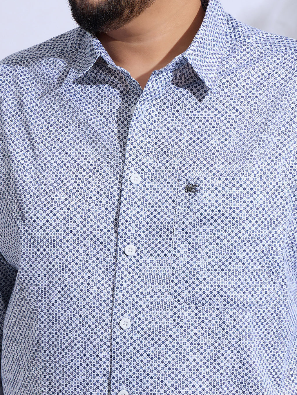 Plus Size Cotton Printed 1 Pocket Regular Fit Smart Casual Shirt - White