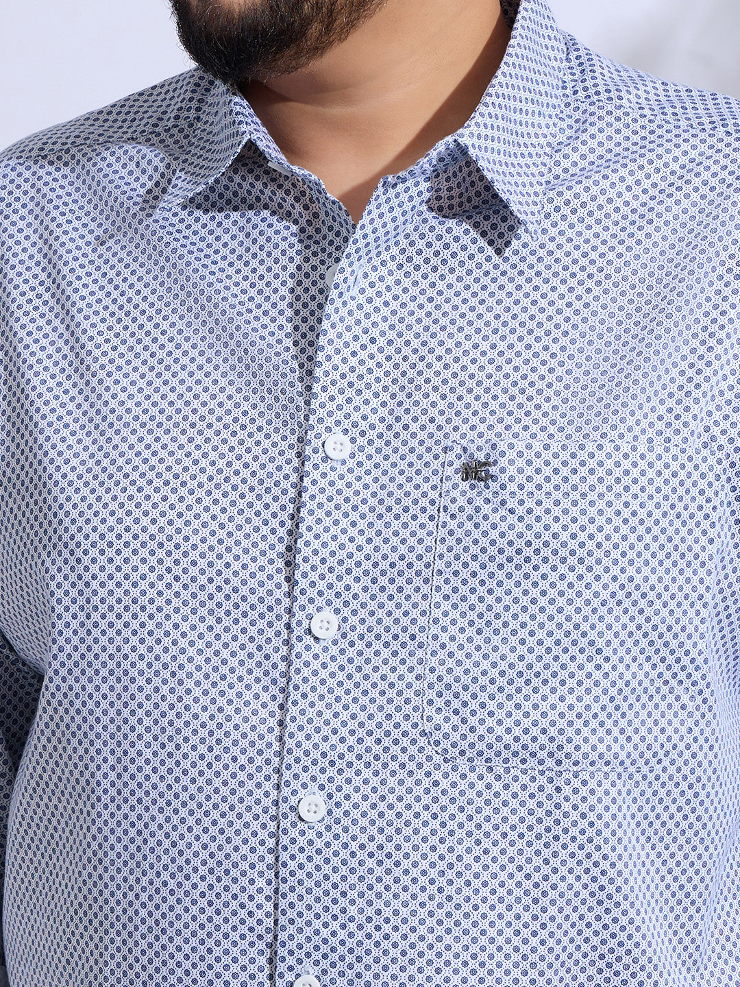 Plus Size Cotton Printed 1 Pocket Regular Fit Smart Casual Shirt - White