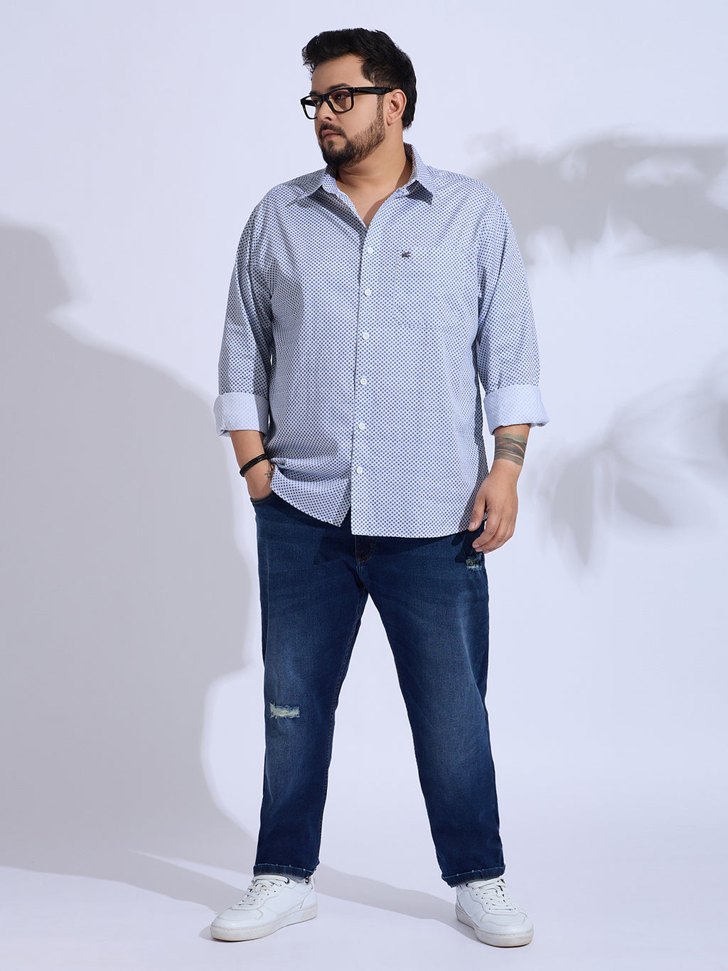Plus Size Cotton Printed 1 Pocket Regular Fit Smart Casual Shirt - White