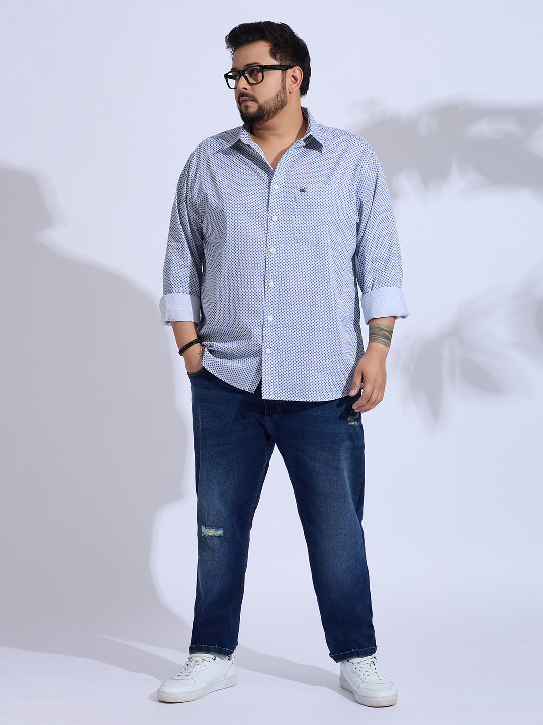 Plus Size Cotton Printed 1 Pocket Regular Fit Smart Casual Shirt - White