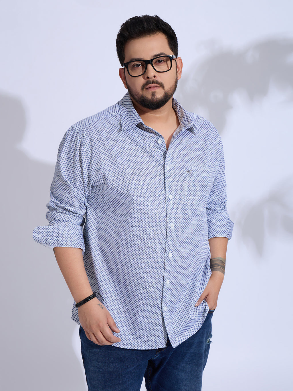 Plus Size Cotton Printed 1 Pocket Regular Fit Smart Casual Shirt - White