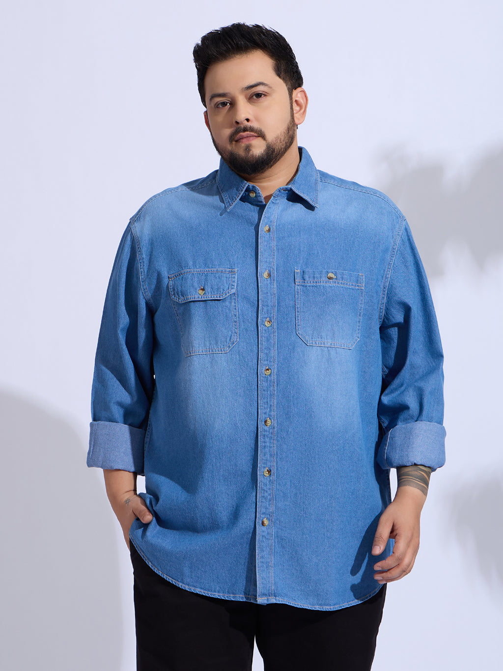 Plus Size Denim Shirt 2 Pocket Regular Fit Smart Casual Shirt Style- 1255-Mid-Ice