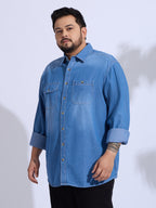 Plus Size Denim Shirt 2 Pocket Regular Fit Smart Casual Shirt Style- 1255-Mid-Ice