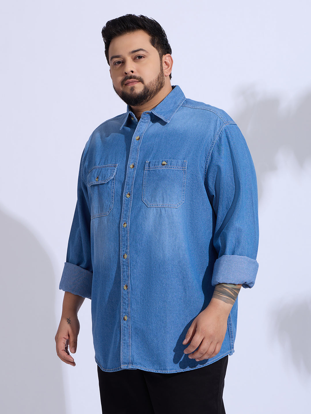 Plus Size Denim Shirt 2 Pocket Regular Fit Smart Casual Shirt Style- 1255-Mid-Ice