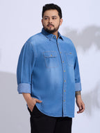 Plus Size Denim Shirt 2 Pocket Regular Fit Smart Casual Shirt Style- 1255-Mid-Ice