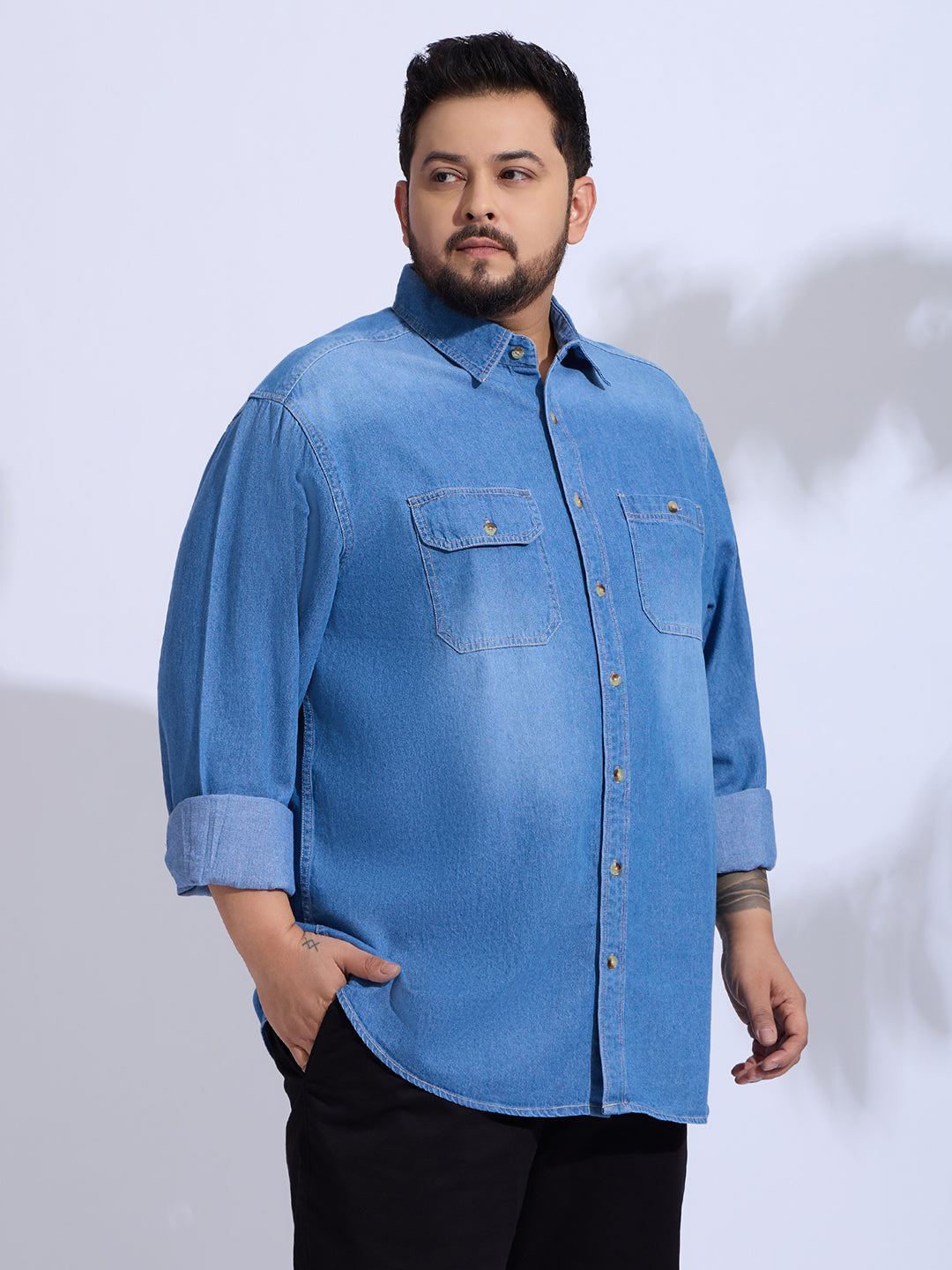 Plus Size Denim Shirt 2 Pocket Regular Fit Smart Casual Shirt Style- 1255-Mid-Ice