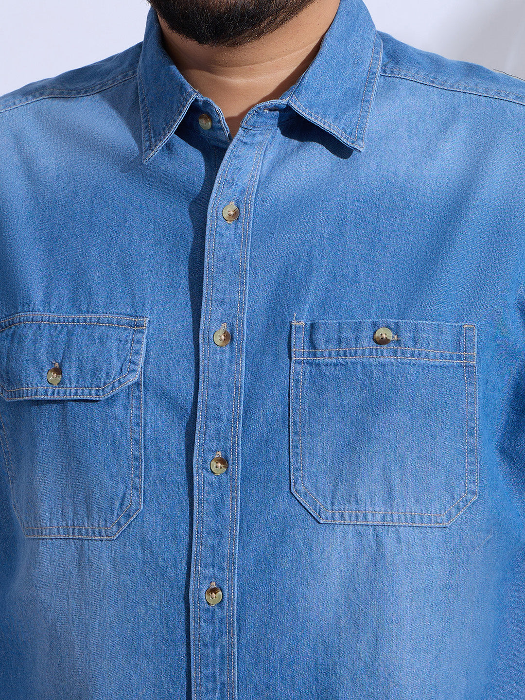 Plus Size Denim Shirt 2 Pocket Regular Fit Smart Casual Shirt Style- 1255-Mid-Ice