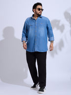 Plus Size Denim Shirt 2 Pocket Regular Fit Smart Casual Shirt Style- 1255-Mid-Ice