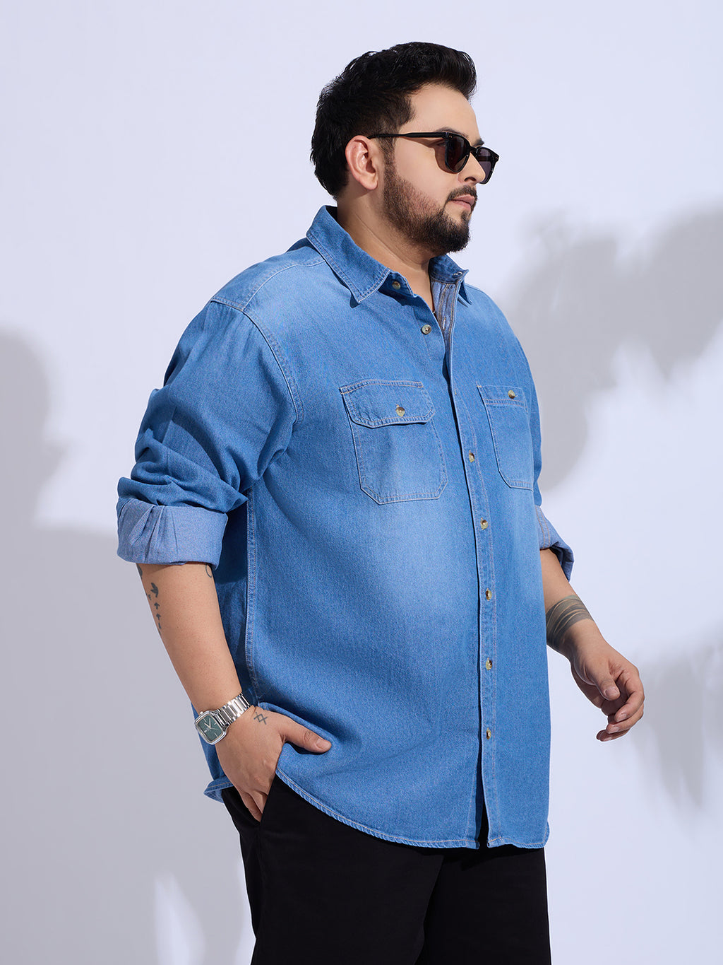 Plus Size Denim Shirt 2 Pocket Regular Fit Smart Casual Shirt Style- 1255-Mid-Ice