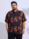 Plus Size Cotton Reyon Printed Regular Fit Smart Casual Shirt - Black