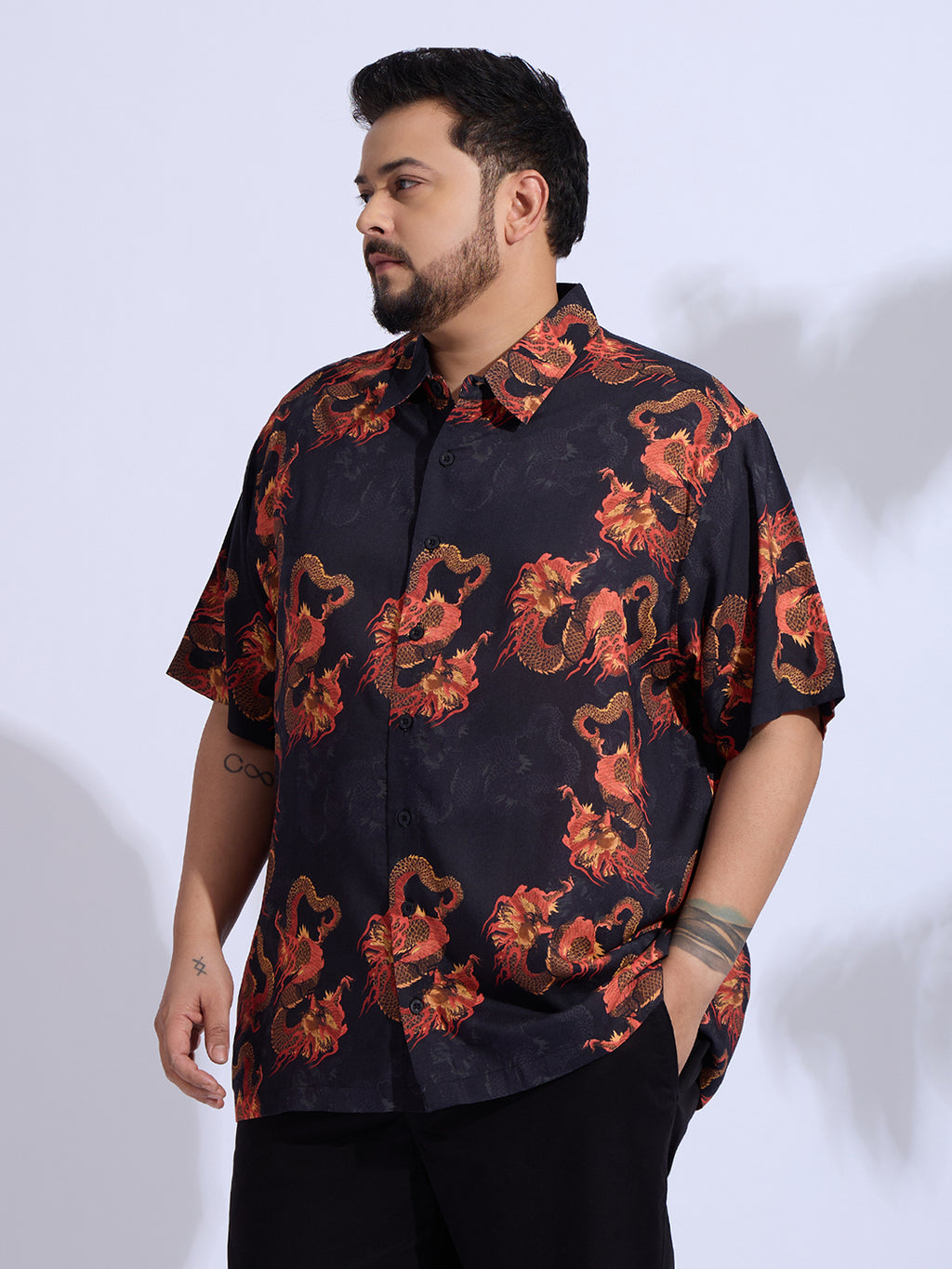 Plus Size Cotton Reyon Printed Regular Fit Smart Casual Shirt - Black