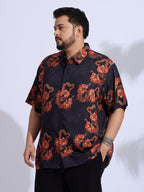 Plus Size Cotton Reyon Printed Regular Fit Smart Casual Shirt - Black