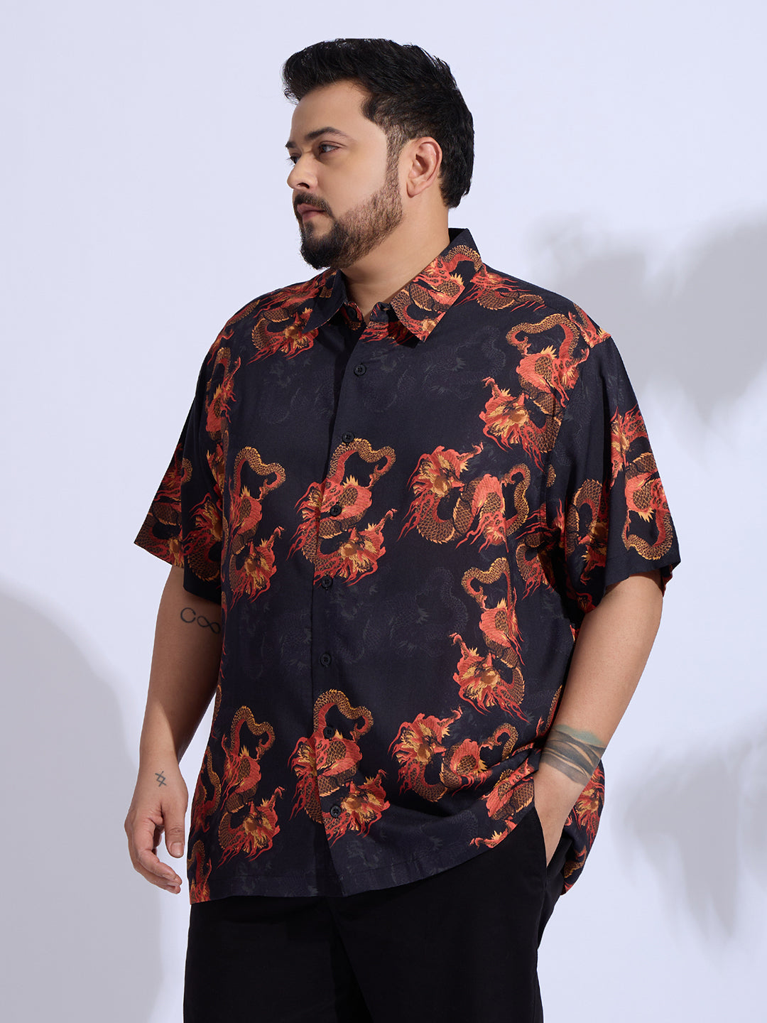 Plus Size Cotton Reyon Printed Regular Fit Smart Casual Shirt - Black