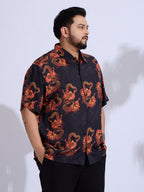 Plus Size Cotton Reyon Printed Regular Fit Smart Casual Shirt - Black