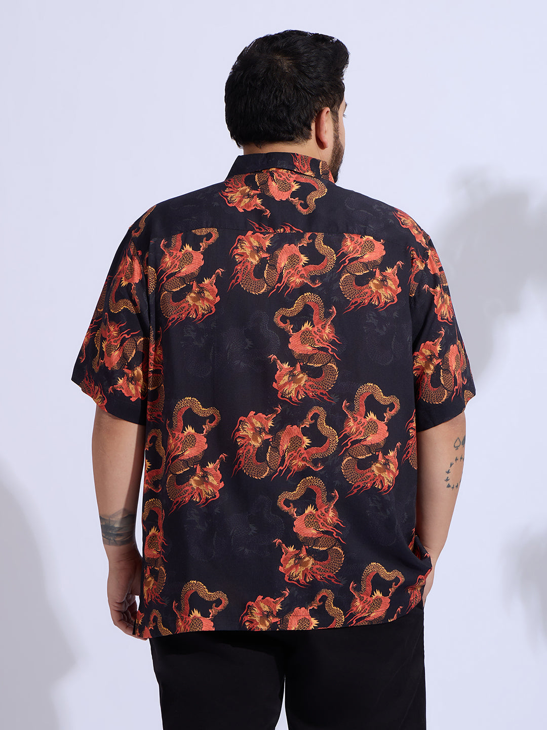 Plus Size Cotton Reyon Printed Regular Fit Smart Casual Shirt - Black
