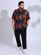 Plus Size Cotton Reyon Printed Regular Fit Smart Casual Shirt - Black